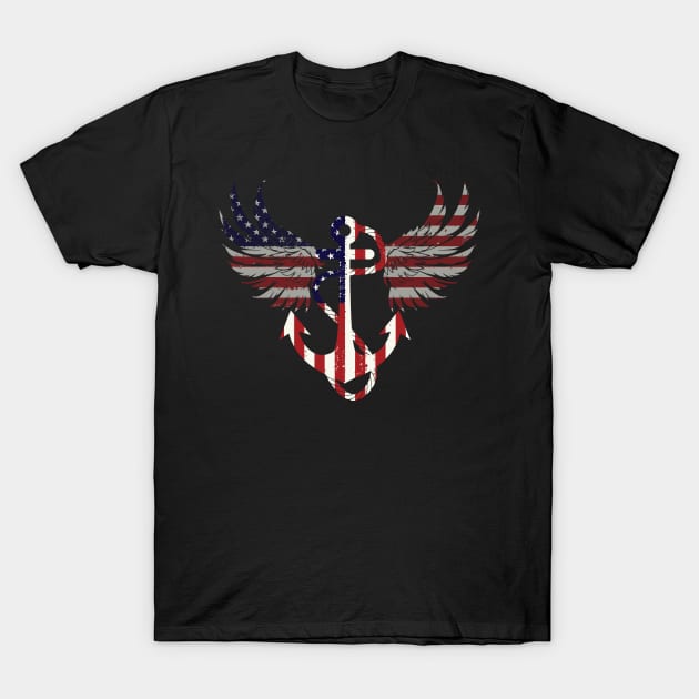 American navy, anchor, wings, map and Flag, 4th of July, happy independence day God Bless America T-Shirt by SweetMay